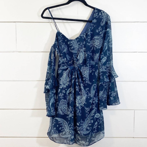 Keepsake The Label Mini Dress XXS Navy Blue Paisley Go With It One Shoulder - Picture 2 of 8